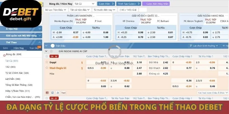 Đa dạng tỷ lệ cược phổ biến trong thể thao Debet
