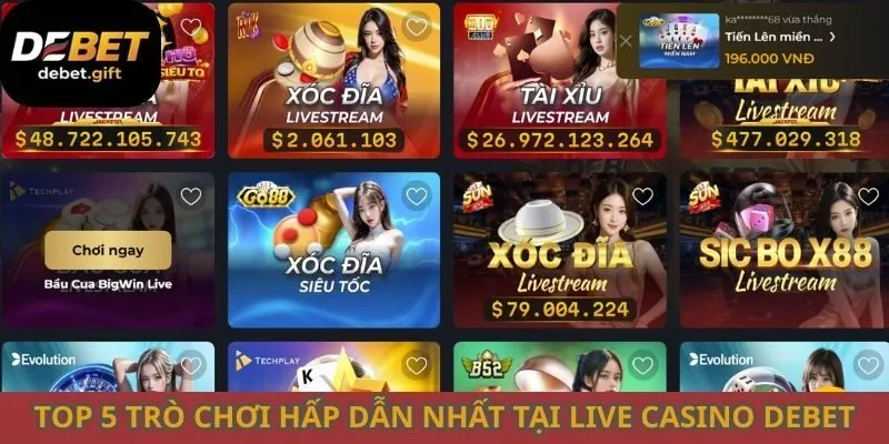 Top 5 trò chơi hấp dẫn nhất tại live casino Debet